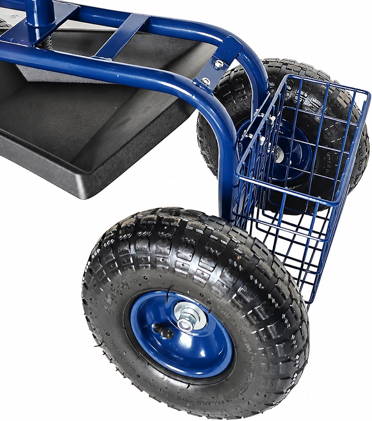 Carrinho de jardinagem com assento regulável, 4 rodas pneumáticas e espaço de arrumação – Azul