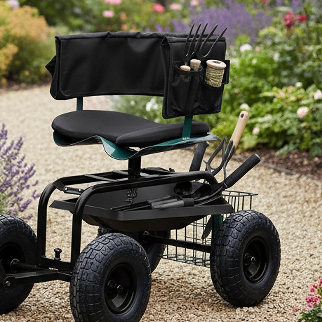 Carrinho de jardinagem com assento regulável, encosto, almofada e espaço de arrumação – Preto